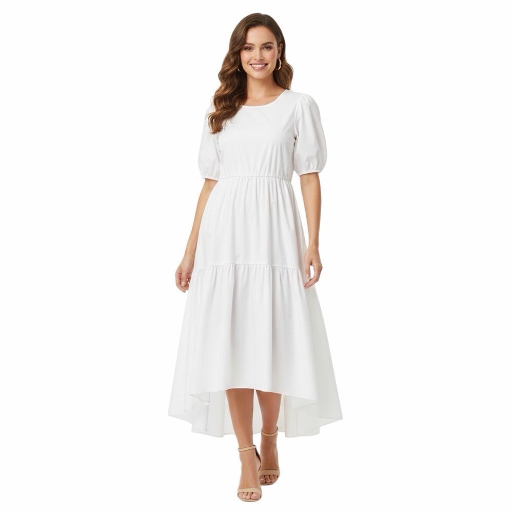 Code X Mode White Puff Sleeve High Low Tiered Midi Dress Pockets Women S